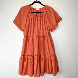 Beach Lunch Lounge Dress Size Large Solid Orange Tiered Boho Peasant Cottagecore